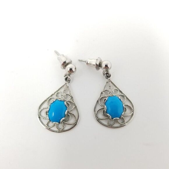 Vintage Blue Cabochon and Silver Tone Filigree Dangle Post Earrings, Estate - Picture 5 of 6
